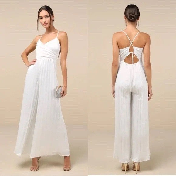 Lulus Memorably Sophisticated White Satin Pleated Backless Jumpsuit Size XS