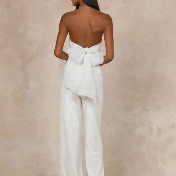 Lulus Marvelous Glow White Strapless Pearl Tie-Back Jumpsuit Size S