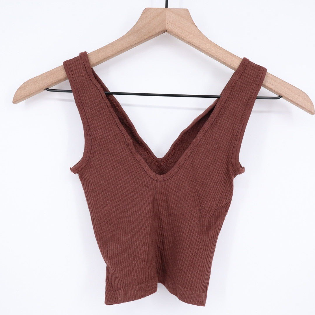 Gymshark Seamless Ribbed V Neck Crop Tank Top Brown XS Athletic Workout