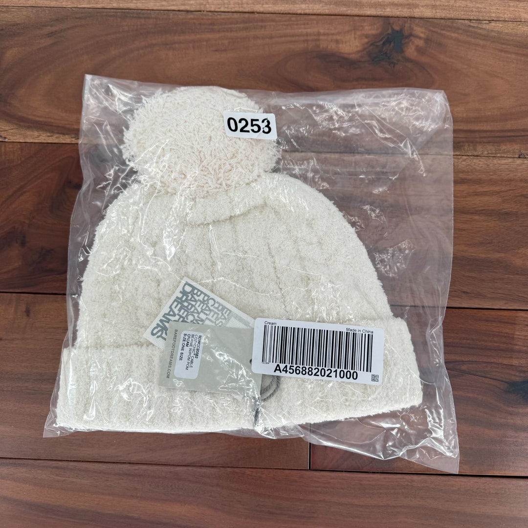 Barefoot Dreams CozyChic Pom Pom Beanie Hat Womens One Size Cream Cable Knit Cap
