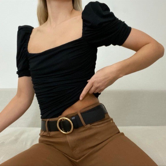 FRAME Betty Knitted Black Noir Square Neck Ruched Puff Sleeve Top Size L