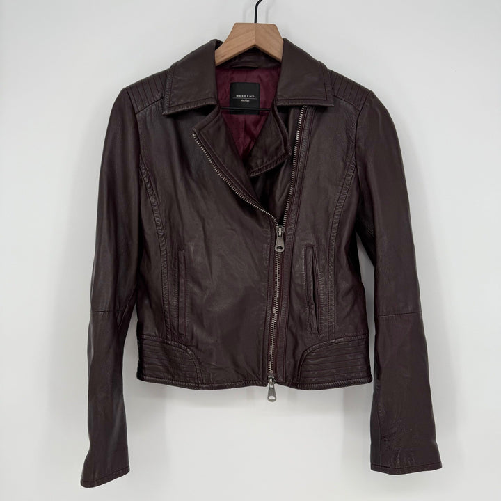 Weekend Max Mara Womens Leather Moto Jacket Burgundy Asymmetrical Zip Moto Style