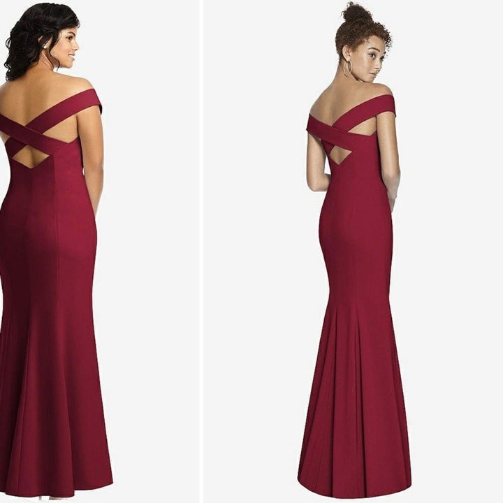 Dessy Collection Off-The-Shoulder Criss Cross Back Trumpet Gown Size 16