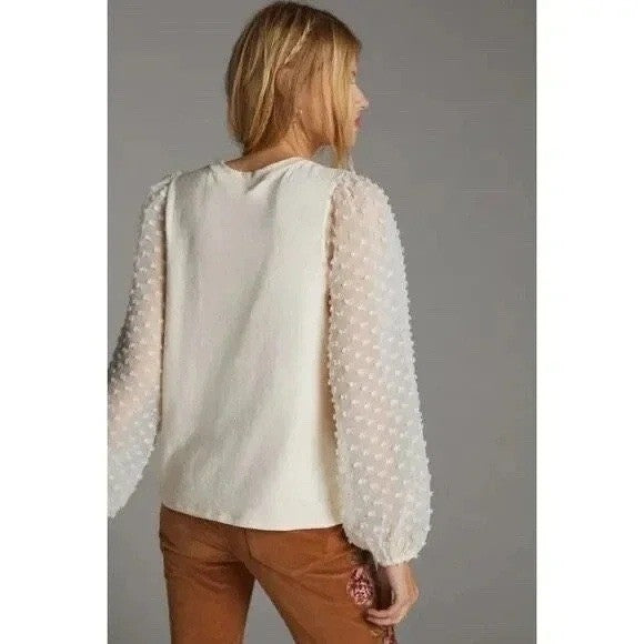 Maeve by Anthropologie Textured Puff Sleeve Top Ivory XXS