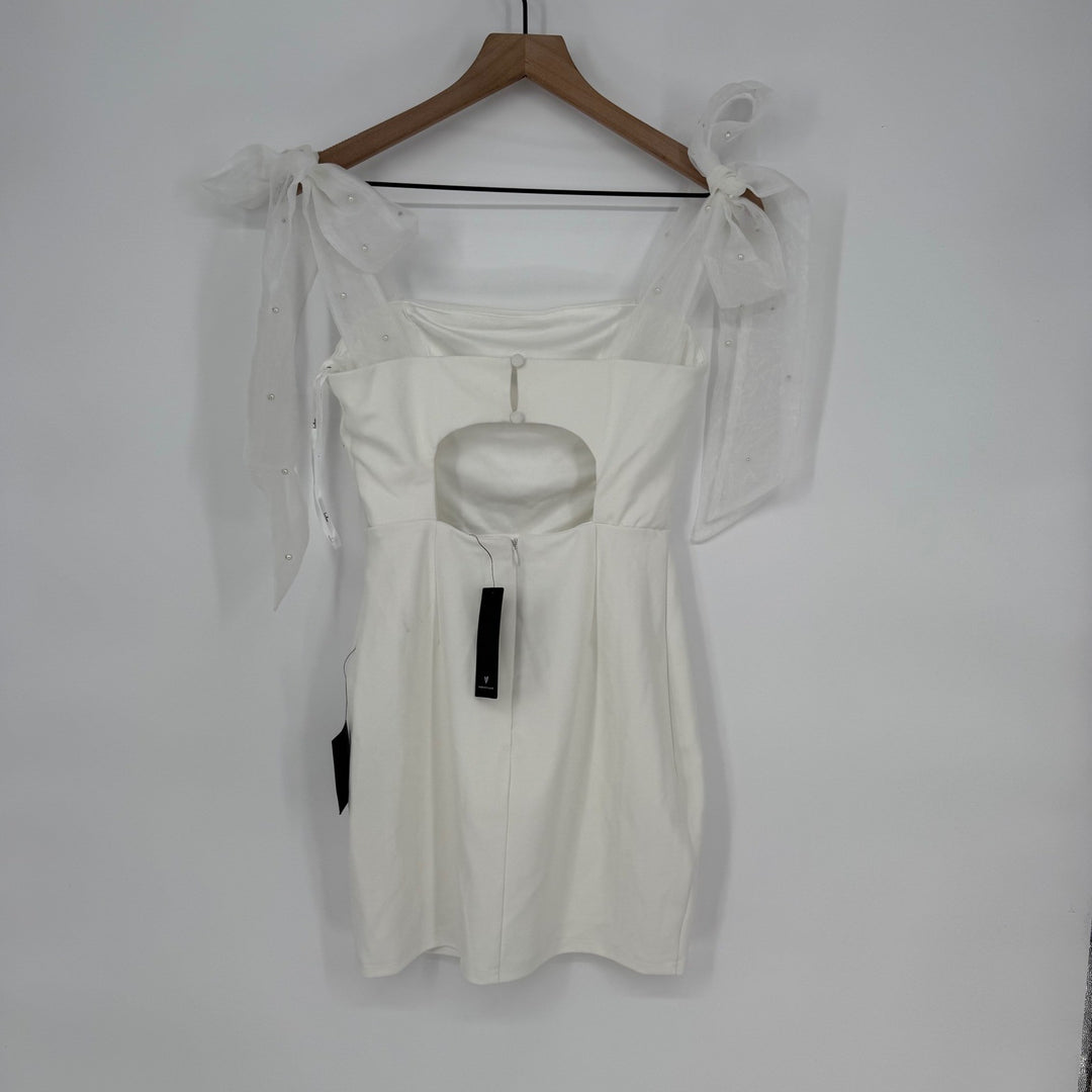Lulus Beaming Perfection White Pearl Organza Tie-Strap Mini Dress Size S