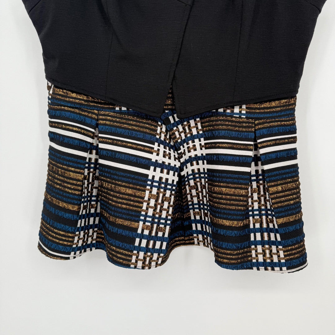 Anthropologie Deletta Nathalie Peplum Top Black Pleated Stripes Plaid Size L