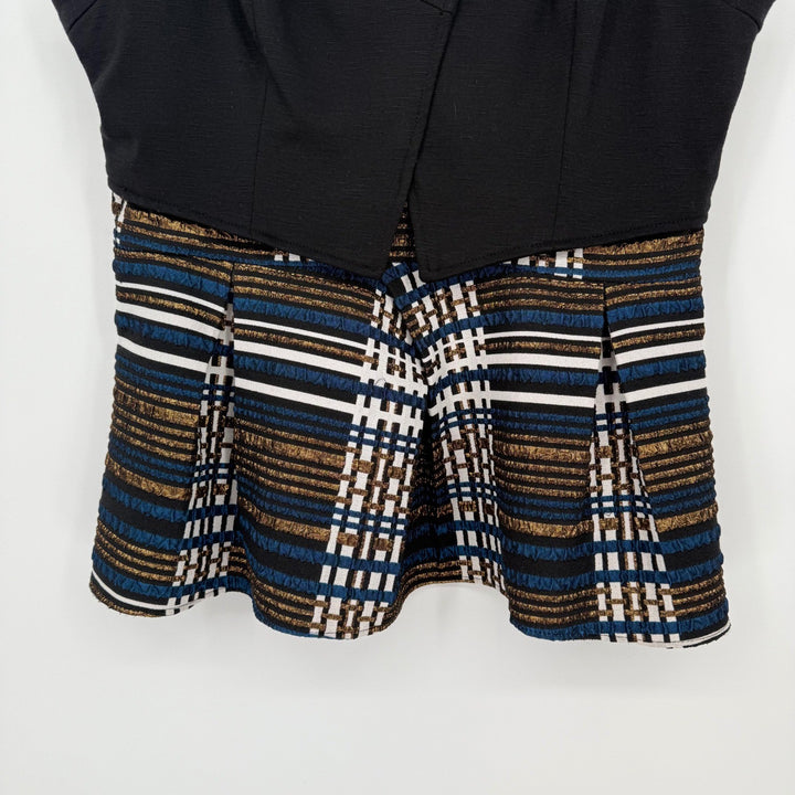Anthropologie Deletta Nathalie Peplum Top Black Pleated Stripes Plaid Size L