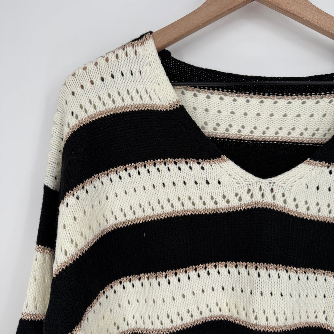 Striped Open Knit Sweater V Neck Black Cream Lightweight Size L