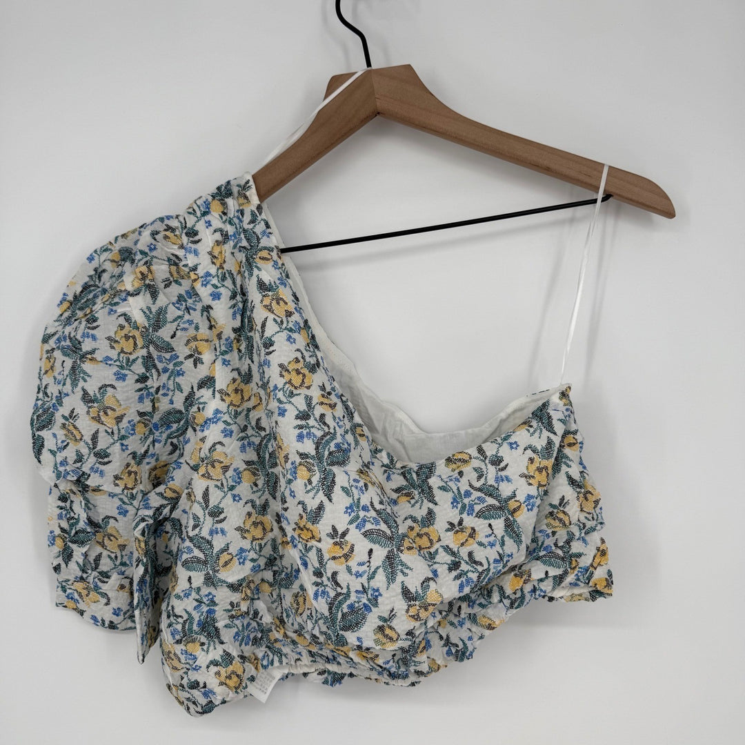En Saison Floral Blouse Crop Top One Shoulder Yellow Blue White Womens Size M