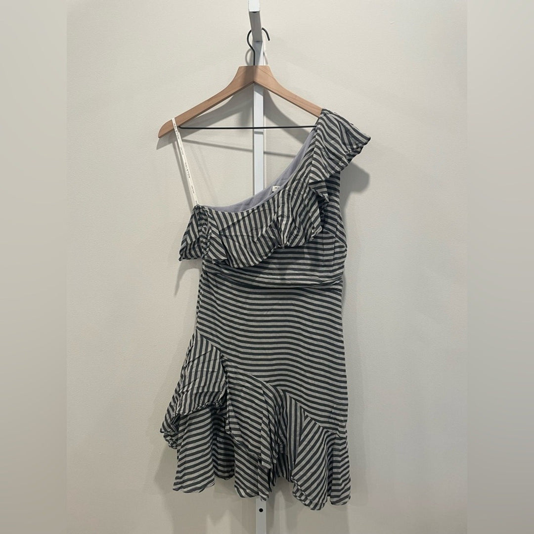 Halston Grey Stripe Ruffle Dress Size 6
