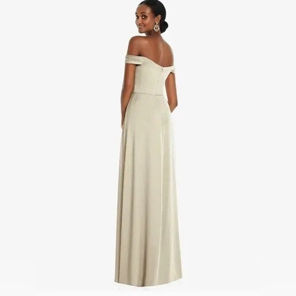 Dessy Collection Off-The-Shoulder Flounce Sleeve Empire Waist Gown With Slit
