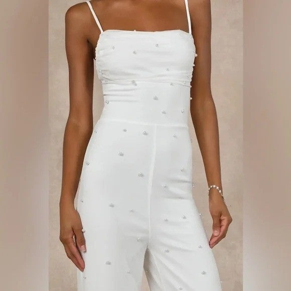 Lulus Unbelievably Divine White Mesh Pearl Lace-Up Jumpsuit Size S