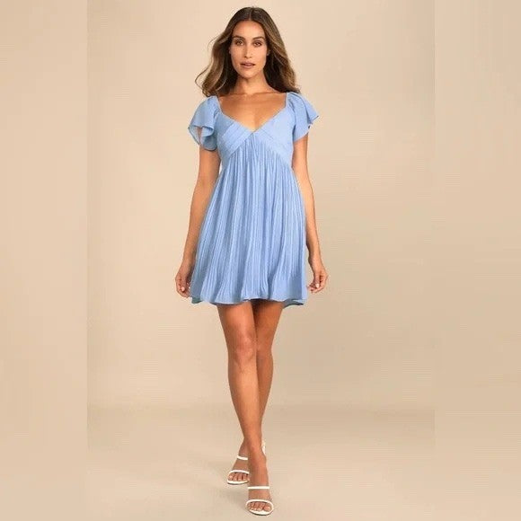 Lulus Amalfi Coast Light Blue Pleated Flutter Sleeve Mini Dress Size XS