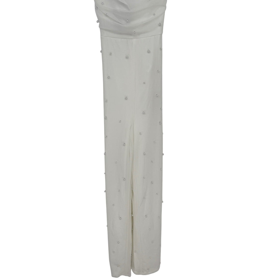 Lulus Unbelievably Divine White Mesh Pearl Lace-Up Jumpsuit Size S