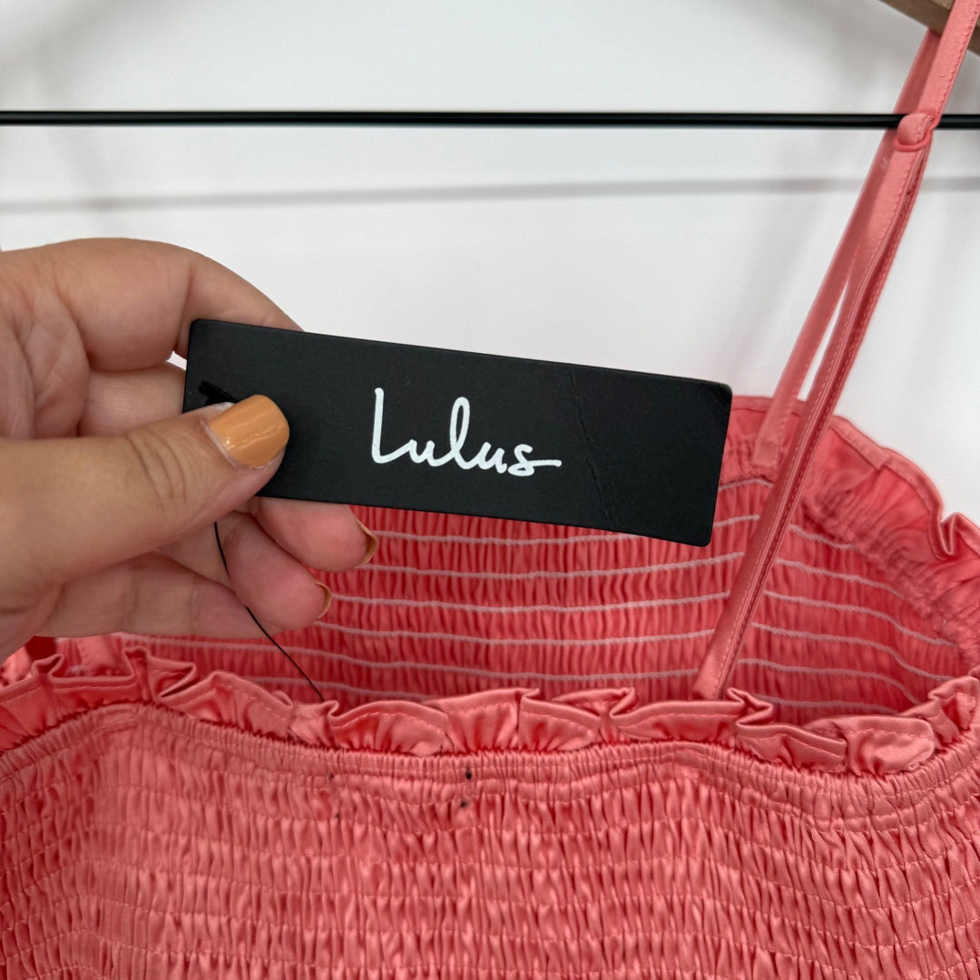 Lulus Sincerely Fabulous Peach Pink Satin Smocked Ruffled Maxi Dress Size M