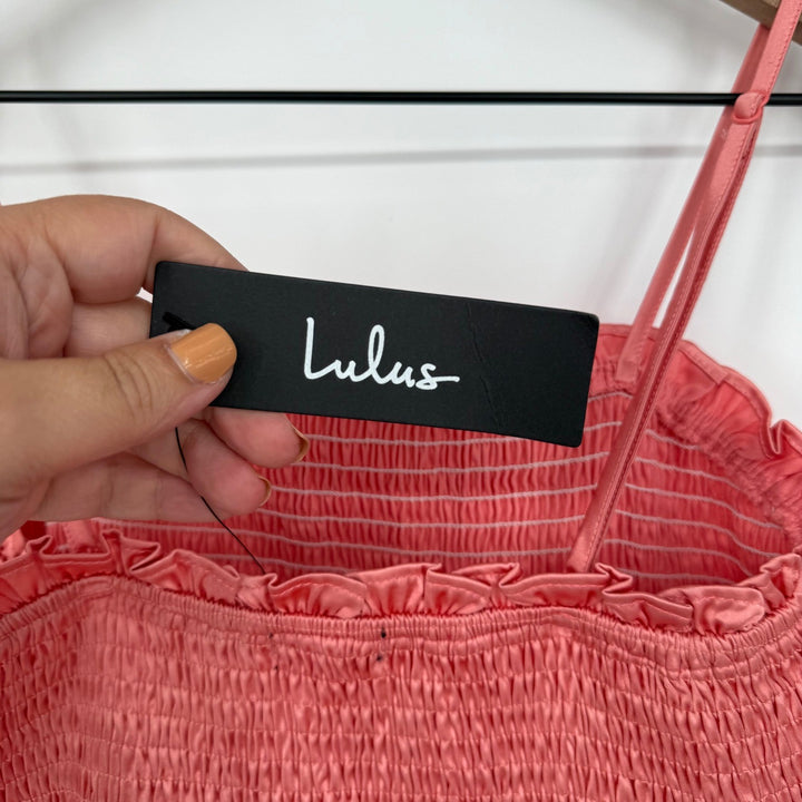 Lulus Sincerely Fabulous Peach Pink Satin Smocked Ruffled Maxi Dress Size M