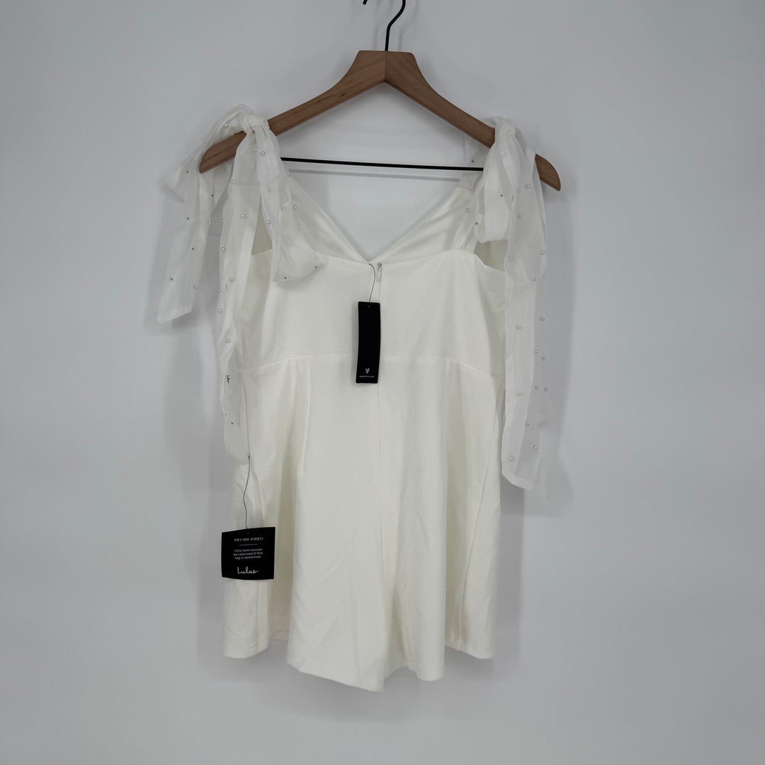 Lulus Certainly Aglow White Organza Pearl Tie-Strap V-Neck Romper Size L