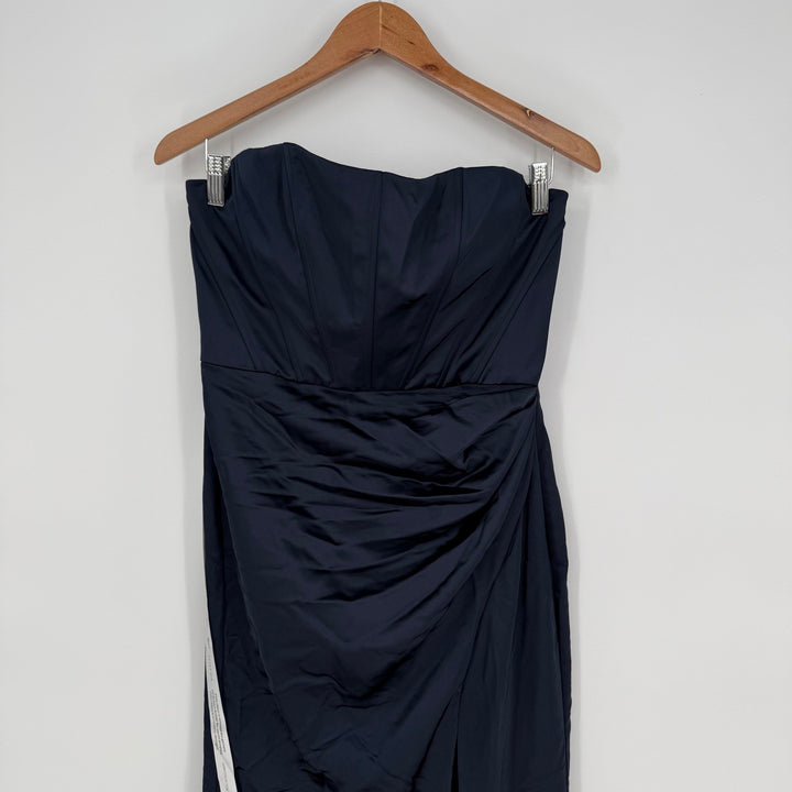 After Six Strapless Topstitched Corset Satin Maxi Dress With Draped Skirt Size 8