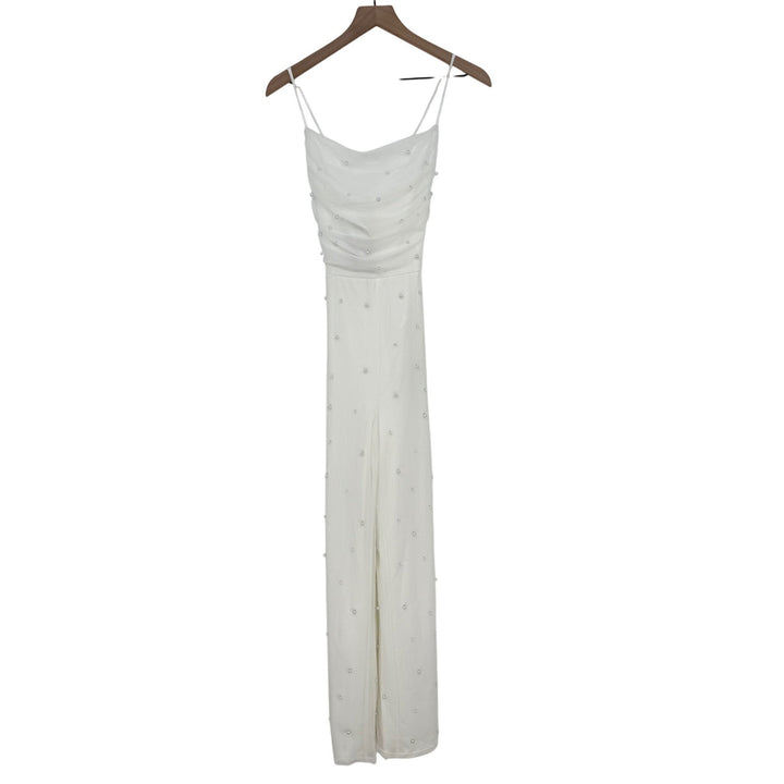 Lulus Unbelievably Divine White Mesh Pearl Lace-Up Jumpsuit Size S