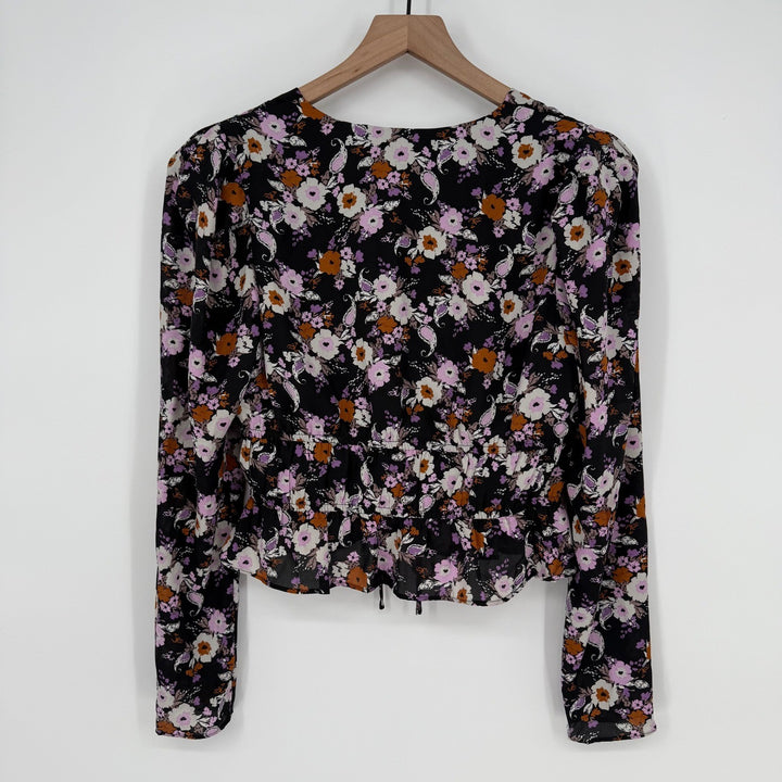 WAYF Sammie Floral Print Tie Front Blouse Long Sleeve Black Paisley Top M