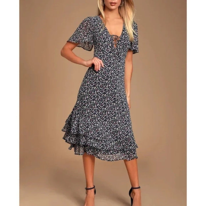 Lulus Renee Navy Blue Floral Print Ruffled Lace-Up Midi Dress Size XS
