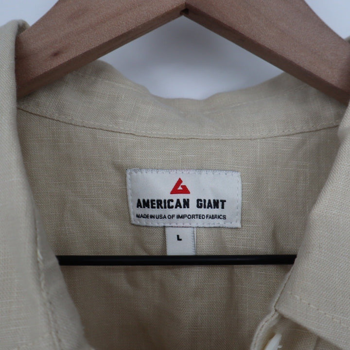 American Giant Linen Button Up Shirt Khaki Tan Short Sleeve Collared Size L