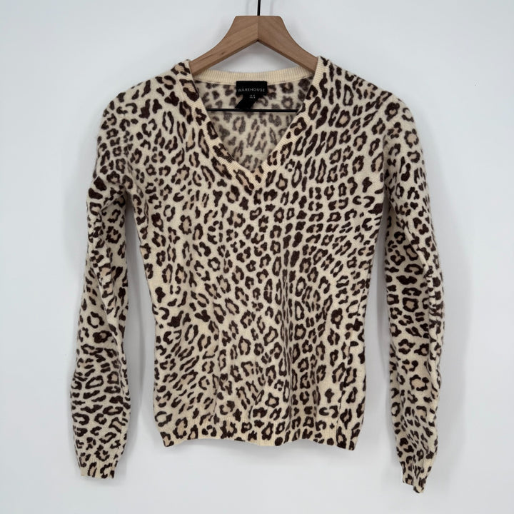 Warehouse Sweater Womens 8 Multicolor Leopard Print Lambswool Tight Knit V Neck