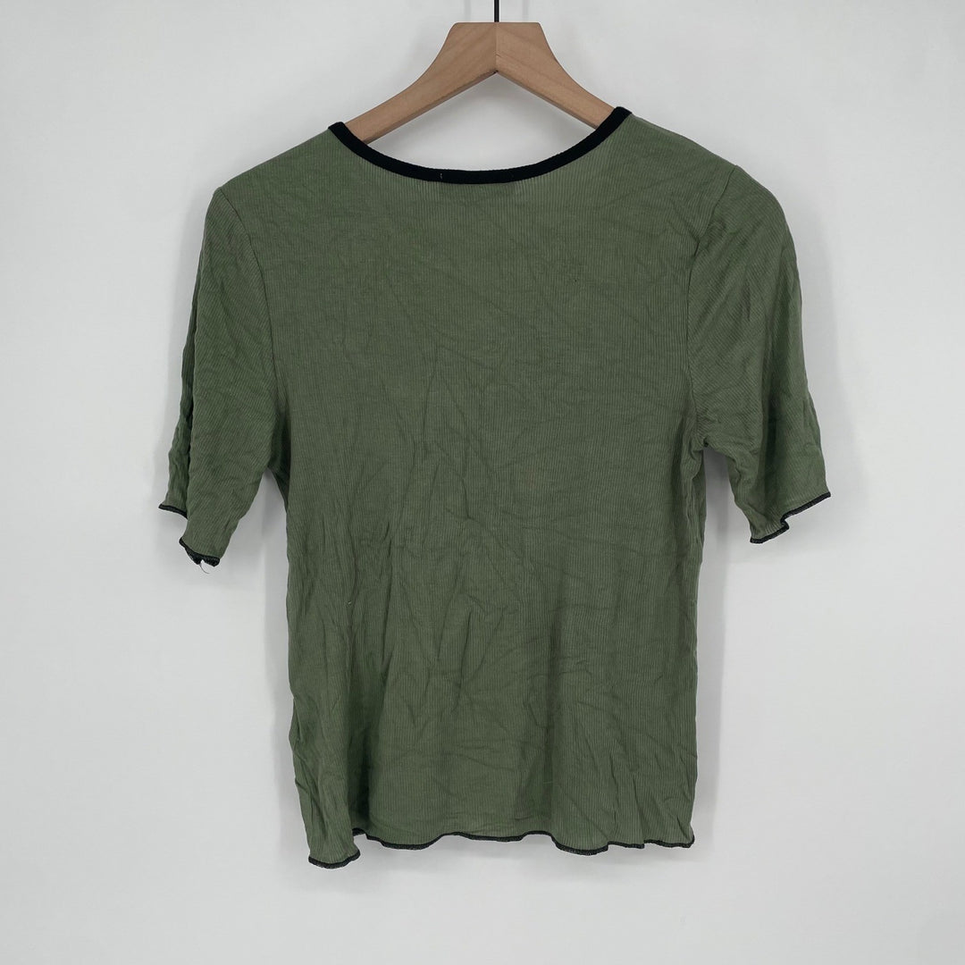 Crave Fame by Almost Famous Olive Green Ribbed Knit Short Sleeve Top XL