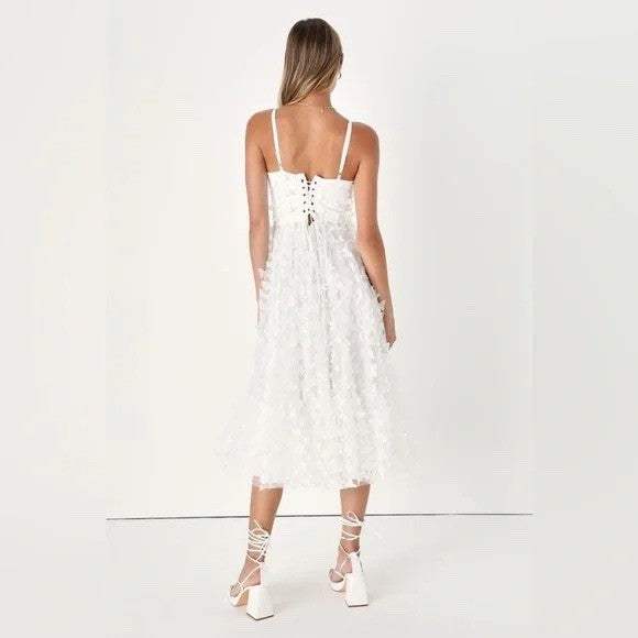 Lulus Time To Fly White Butterfly Lace-Up Midi Dress Size S