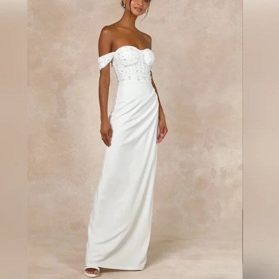 Lulus Immensely Charming White Mesh Pearl Bustier Maxi Dress Size L