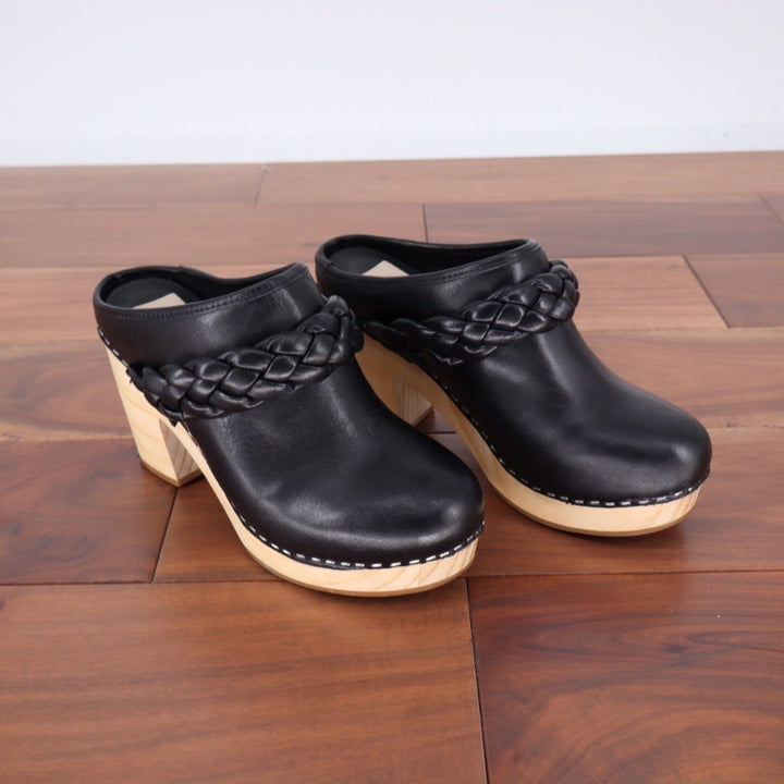 Dolce Vita Hila Leather Clog Mules Black Braided Chunky Heel Size 6.5