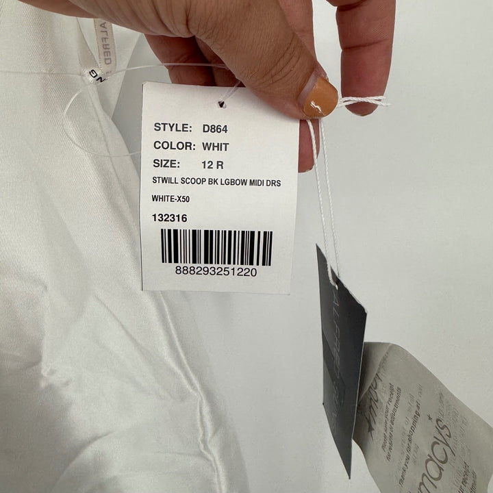 Alfred Sung Scoop Neck Corset Satin Midi Dress With Floor-Length Bow Tails White