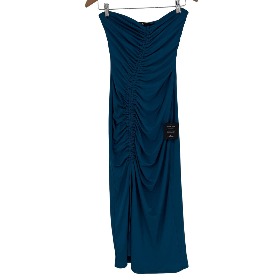 Lulus Eliska Teal Blue Slinky Drawstring Ruched Strapless Midi Dress Size S
