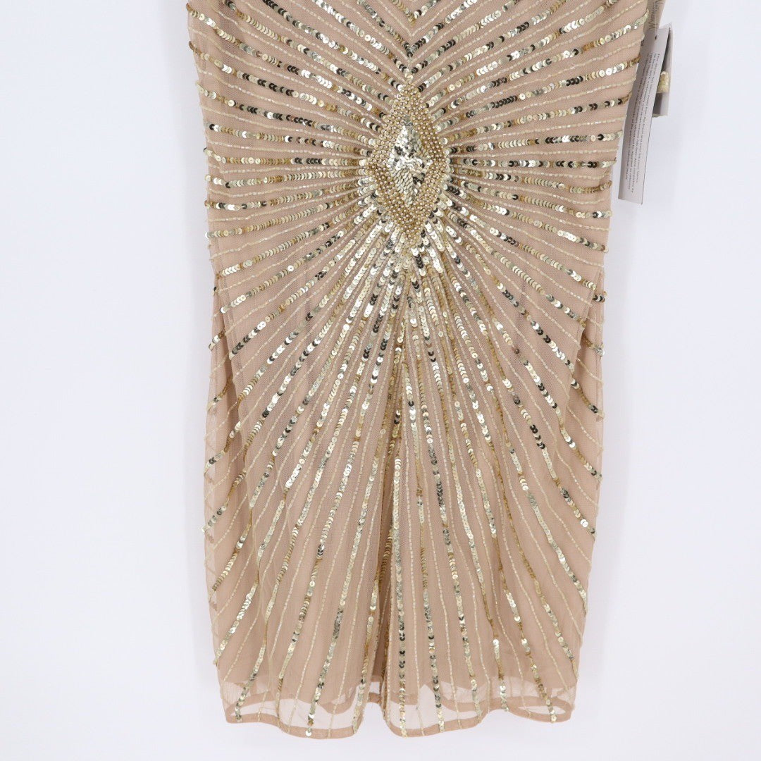 Aidan Mattox Beaded Sequin V Neck Cocktail Dress Champagne Gold Size 12
