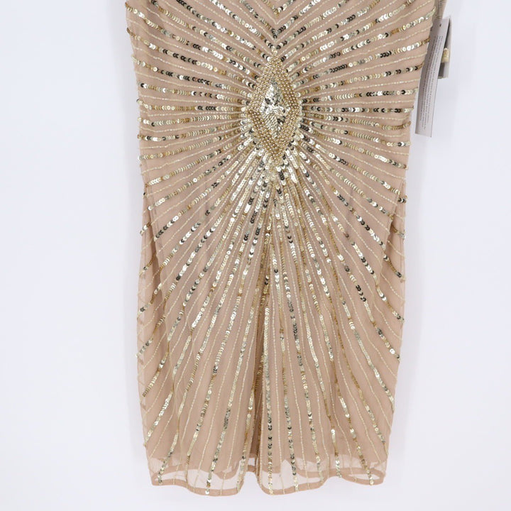 Aidan Mattox Beaded Sequin V Neck Cocktail Dress Champagne Gold Size 12