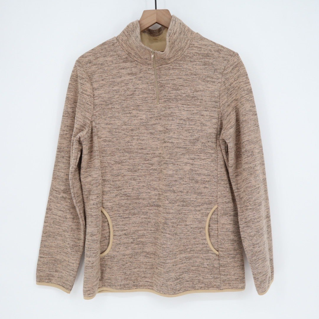 Womens Size L Pullover Fleece Sweatshirt Mock Neck Quarter Zip Pockets Tan Marl