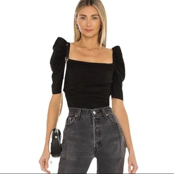 FRAME Betty Knitted Black Noir Square Neck Ruched Puff Sleeve Top Size L
