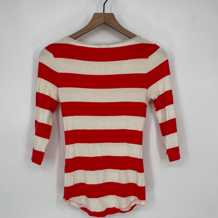 Express Red Cream Striped 3/4 Sleeve Pocket Tee Top Shirt Size SP
