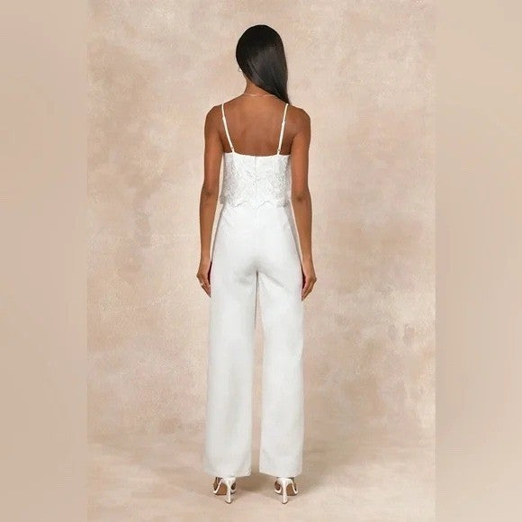 Lulus Exquisite Posture White Floral Embroidered Tiered Jumpsuit Size S