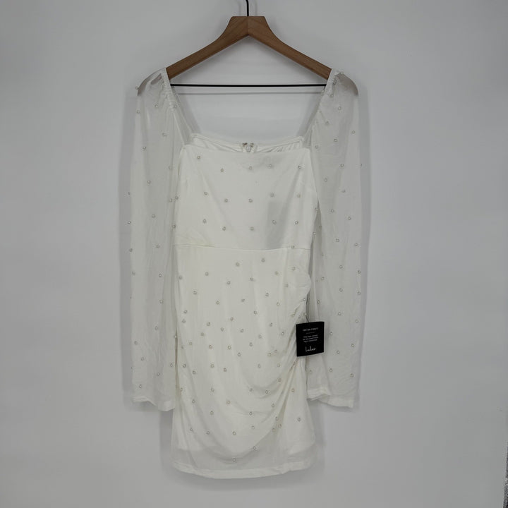 Lulus Admirably Divine White Mesh Pearl Long Sleeve Mini Dress Size S