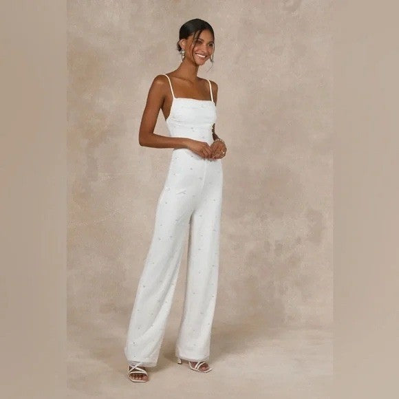 Lulus Unbelievably Divine White Mesh Pearl Lace-Up Jumpsuit Size S