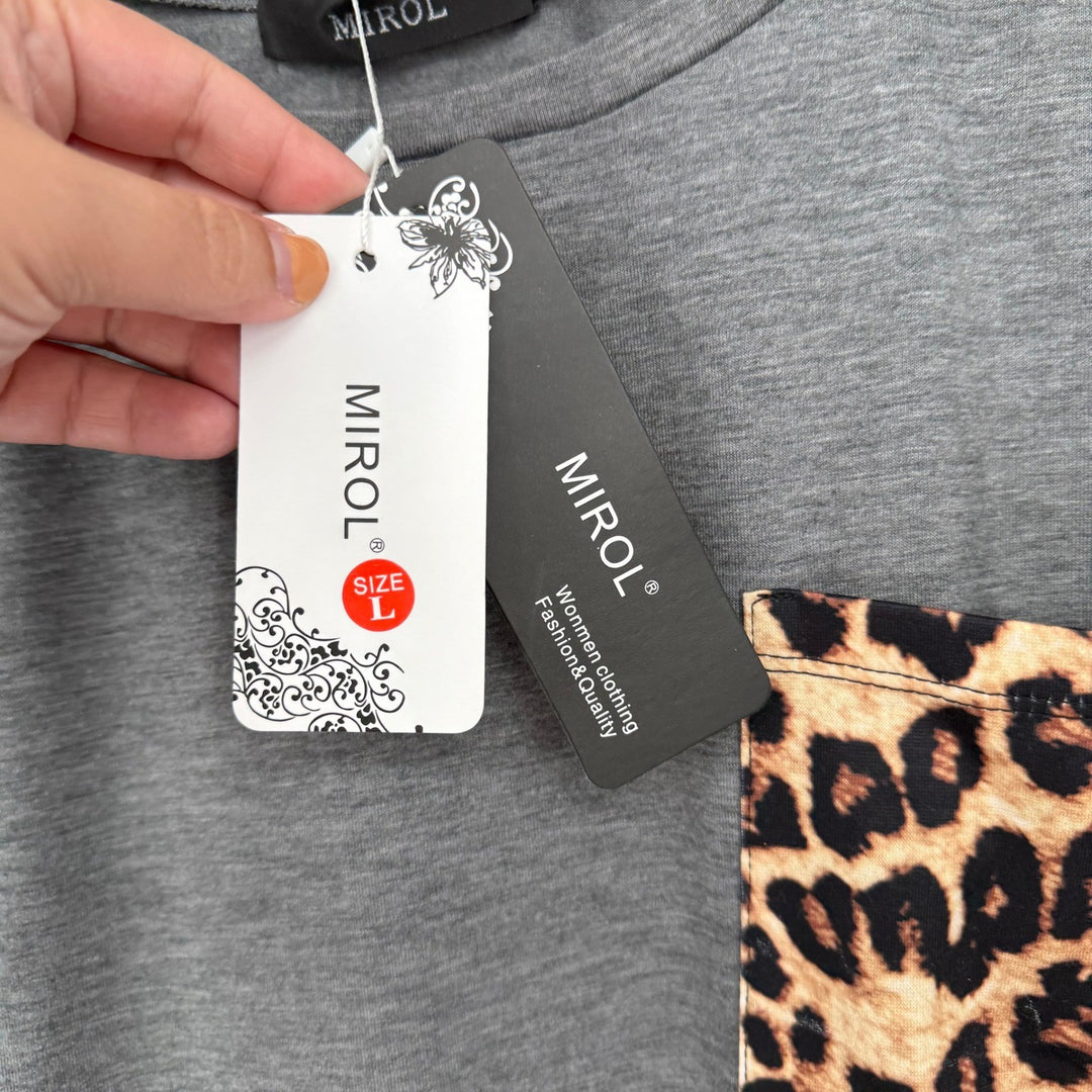 MIROL Women's Gray Leopard Pocket Cap Sleeve T-Shirt Top Size L