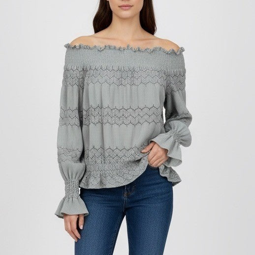 Womens Off Shoulder Smocked Lace Trimmed Blouse Long Sleeve Light Blue Size L