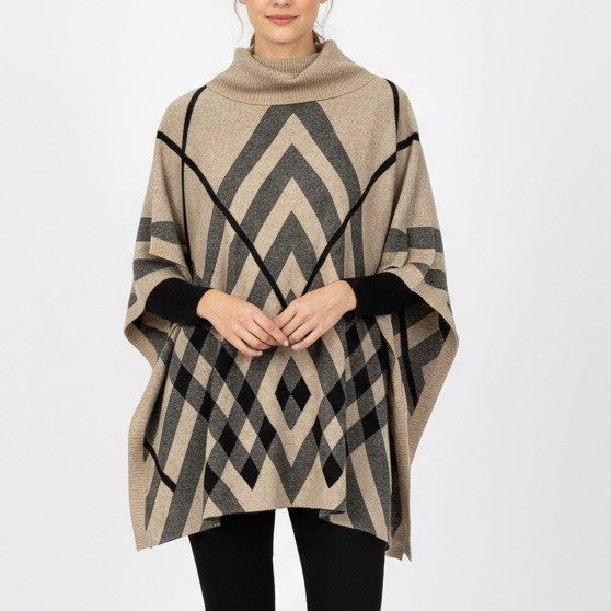 Bacciano Tan Plaid Turtleneck Poncho Cape Sweater Size M