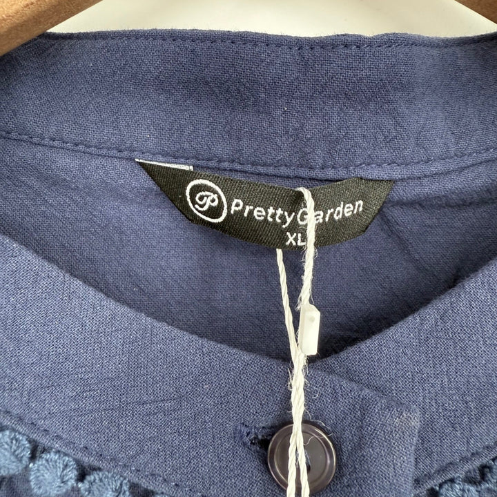Pretty Garden Navy Blue Puff Sleeve Button Down Shirt Women's XL Casual