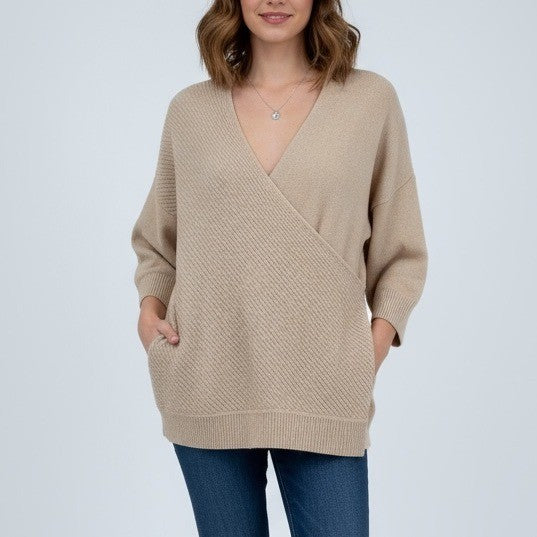 Charli Lanie Sweater Knit Wrap Beige Wool Blend Oversized Comfy Casual Pullover