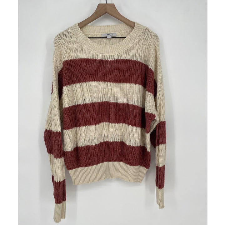 Favlux Fashion Cream Rust Striped Crew Neck Sweater Size L Acrylic Chunky Knit