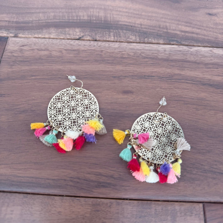 Boho Gold Tone Round Filigree Dangle Earrings Colorful Tassel Drop