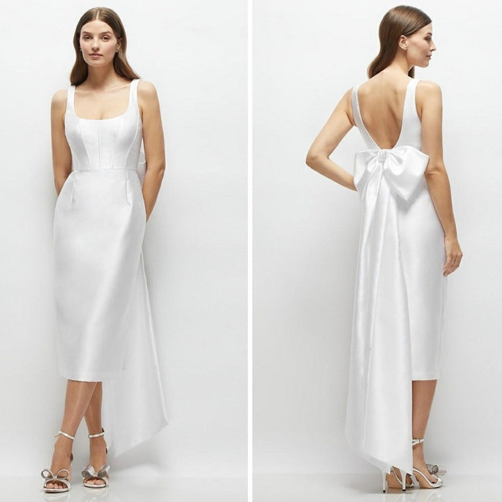 Alfred Sung Scoop Neck Corset Satin Midi Dress With Floor-Length Bow Size 0