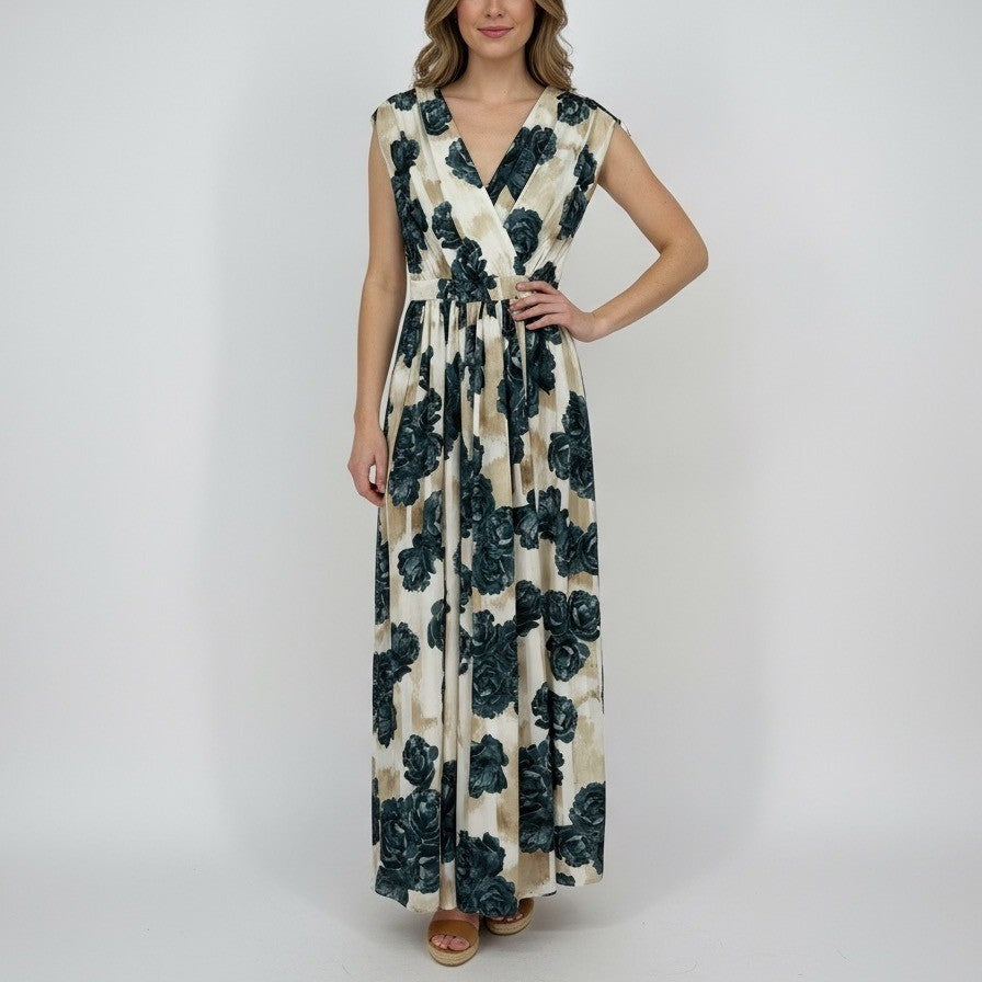 Christina Economou Floral Maxi Dress V Neck Cap Sleeve Empire Waist SIze 0